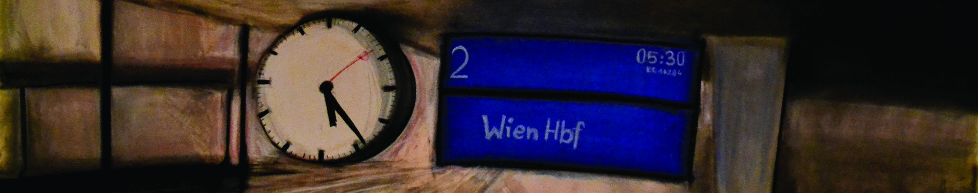 Bahnhofsuhr und blaue Anzeige, auf der ein Zug nach Wien Hbf angekündigt wird