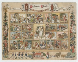 alter Adventskallender: 24 weihnachtliche/winterliche Motive zum Ausschneiden (z B. Kinder beim Schlittenfahren, schm&uuml;cken den Weihnachtsbaum,...)