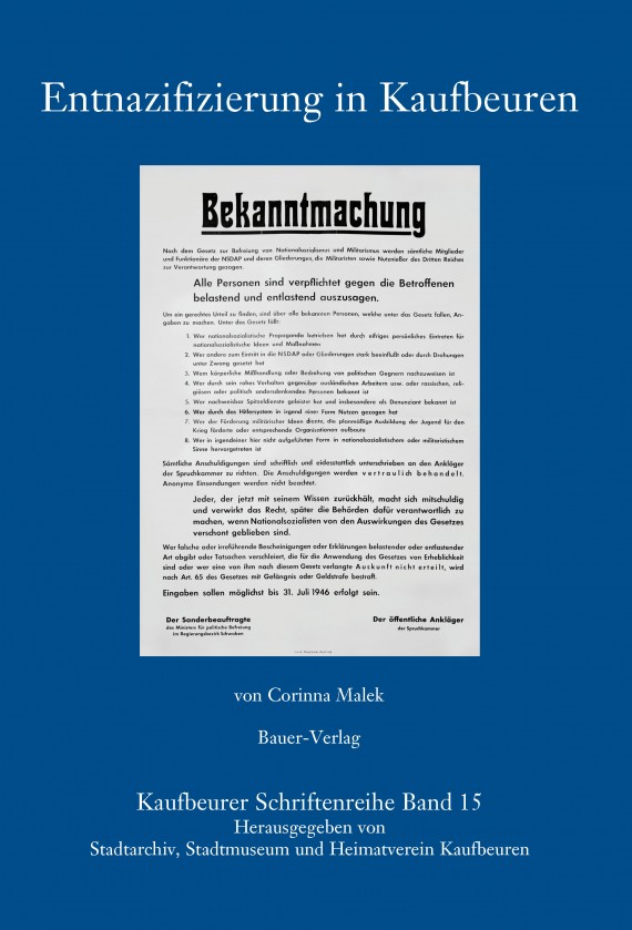 Blaues Buch mit dem Titel: &quot;Entnazifizierung in Kaufbeuren&quot;. Auf dem Cover ist ein Bild eines Aushangs zu sehen.