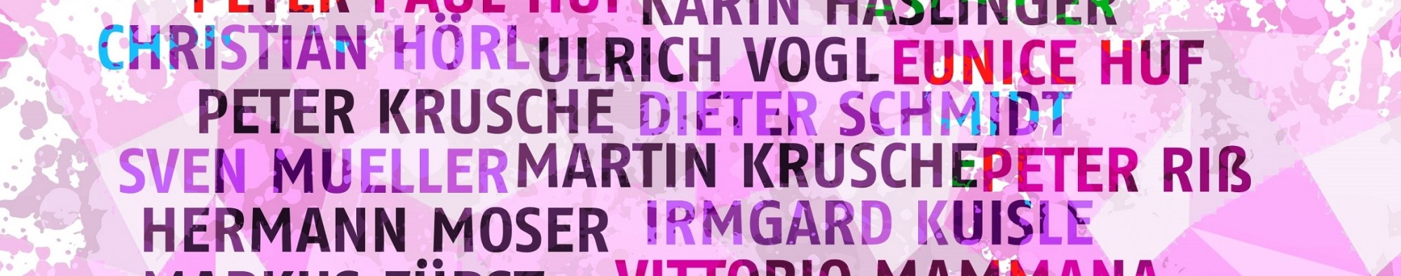 lakat: Im Hintergrund violette geometrische Formen, darauf die Namen der Künstler in mehreren Reihen