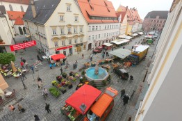 Fotografie: Blick auf die Kaiser-Max-Straße am Markttag. Rechts und links der Straße stehen verschiedene Stände und mehrere Menschen flanieren vorbei. rechts im Hintergrund das Rathaus, der Neptunbrunnen in der Mitte.