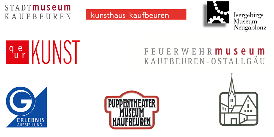 Logos vom Stadtmuseum Kaufbeuren, Kunstthaus Kaufbeuren, Isergebirgsmuseum Neugablonz, Querkunst, Feuerwehrmuseum Kaufbeuren-Ostallgäu, Gablonzer Erlebnisausstellung, Puppentheatermuseum Kaufbeuren