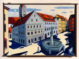 Blick auf die Kaiser-Max-Straße und den Neptunbrunnen. Rechts im Hintergrund das Rathaus, frontal im Hintergrund die Martinskirche. Am linken Rand die Ecke des Weberhauses.