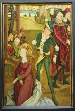 Tafelgemälde zur Katharinenlegende: Im Vordergrund knieend die heilige Katharina mit rotem Kleid, hinter ihr eine Mann in grün gekleidet, welcher sein Schwert zieht, rechts dahinter eine Gruppe von 3 Männer, links ebenfalls eine Gruppe von Männer