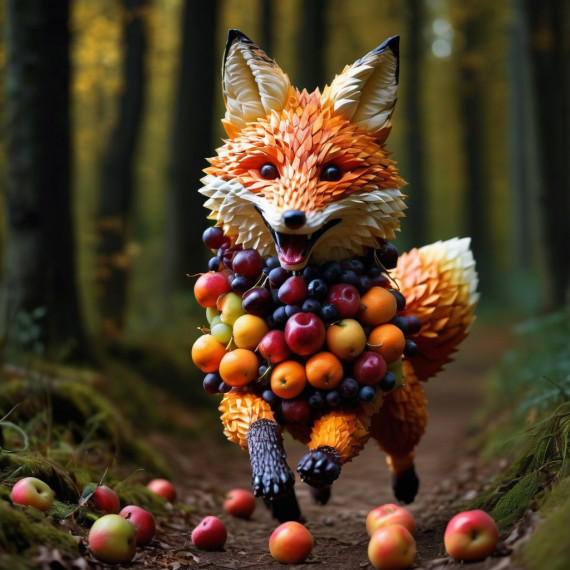 KI-generiertes Bild eines teilweise aus Fr&uuml;chten bestehenden Fuchses, der durch einen Wald springt.